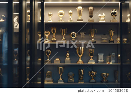 Trophy display case shelf made of glass and wood full of gold and silver trophies. Generative AI 104503658