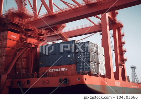 Close up view of container ship under loading. Freight vessel at the berth in cargo terminal. Port cranes loading containers. International freight shipping concept. 3D illustration. 104503660