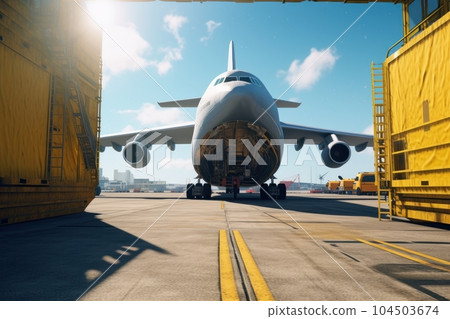 Front view of a cargo plane at the airport. Loading transport aircraft in the cargo terminal of the airport. International freight transport and logistics concept. 3D illustration. Front view of a cargo plane at the airport. Loading transport aircraft in the cargo terminal of the airport. International freight transport and logistics concept. 3D illustration. 104503674