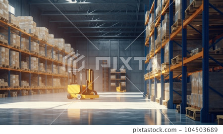 Large industrial warehouse. Tall racks are completely filled with boxes and containers. Many cardboard boxes on the shelves. Forklift in the aisle. Global logistic concept. 3D illustration. 104503689