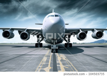 Front view of a modern civil aircraft on the airfield runway. Wide body aircraft ready to take off against the dramatic gray sky. Global travel and transportation concept. 3D illustration. Front view of a modern civil aircraft on the airfield runway. Wide body aircraft ready to take off against the dramatic gray sky. Global travel and transportation concept. 3D illustration. 104503735