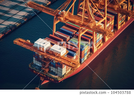 Aerial close up view of a cargo container ship. Fully loaded container ship at the cargo terminal in a seaport, port cranes, railroads. Global freight logistics concept. 3D illustration. 104503788