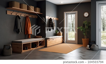 Stylish interior of a hallway in a country house. Gray walls, glazed door, wall hangers, shoe cabinets, plant in a floor pot, rug on the floor. Modern cozy interior. Mockup, 3D rendering. Stylish interior of a hallway in a country house. Gray walls, glazed door, wall hangers, shoe cabinets, plant in a floor pot, rug on the floor. Modern cozy interior. Mockup, 3D rendering. 104503794