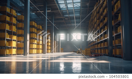 Large industrial warehouse. Tall racks are completely filled with boxes and containers. Many cardboard boxes on the shelves. Forklift in the aisle. Global logistic concept. 3D illustration. Large industrial warehouse. Tall racks are completely filled with boxes and containers. Many cardboard boxes on the shelves. Forklift in the aisle. Global logistic concept. 3D illustration. 104503801