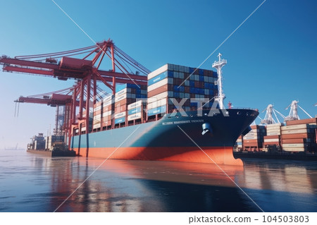 Container ship at the berth in cargo terminal of the port under loading or unloading. Port cranes load containers, place them in rows on the deck of the vessel. International freight shipping concept. Container ship at the berth in cargo terminal of the port under loading or unloading. Port cranes load containers, place them in rows on the deck of the vessel. International freight shipping concept. 104503803