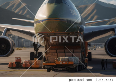 Front view of a cargo plane at the airport. Loading transport aircraft in the cargo terminal of the airport. International freight transport and logistics concept. 3D illustration. 104503835