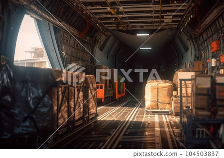 The cargo compartment of transport aircraft. Loading a cargo plane. Global logistics, international delivery, air mail. International freight transport and logistics concept. 3D illustration. 104503837