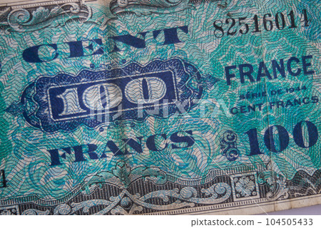 Closeup of vintage bank note of one hundred francs 104505433