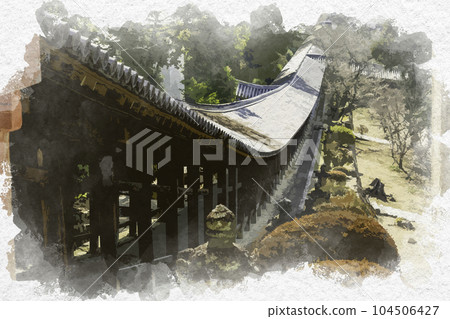 岡山縣岡山市水彩風格的喜備津神社走廊 104506427