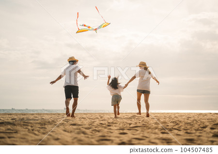 Family travel on beach, Family with car road trip at sea on summer Family travel on beach, Family with car road trip at sea on summer 104507485
