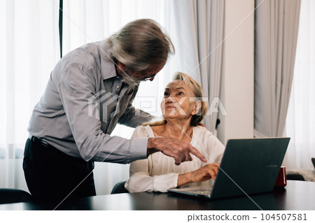 Healthy grandfather and grandmother using laptop for entertainment and shopping 104507581