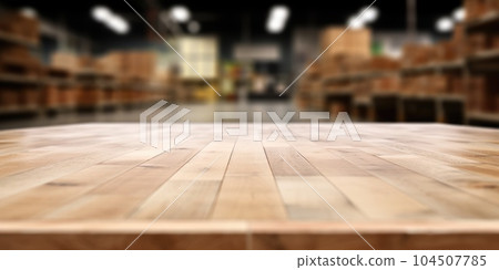 The empty wooden table top with blur background of a large warehouse. Exuberant. The empty wooden table top with blur background of a large warehouse. Exuberant. 104507785