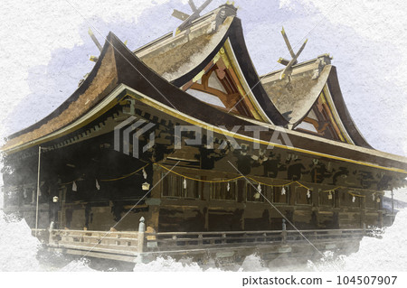 水彩風格的喜備津神社正殿/禮拜堂 岡山縣岡山市 水彩風格的喜備津神社正殿/禮拜堂 岡山縣岡山市 104507907