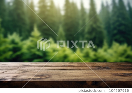The empty wooden table top with blur background of boreal forest. Exuberant. The empty wooden table top with blur background of boreal forest. Exuberant. 104507916