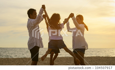 Happy family spending vacation time together on beach, Family with beach travel 104507917