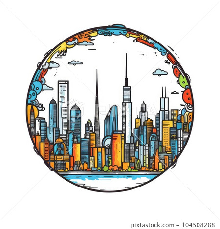 A circle shape frame with center space of Shanghai city skyline in simple doodle color cartoon style. Generative AI AIG32 104508288