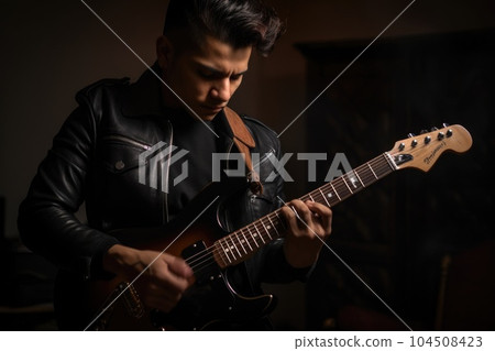 Male Hispanic young adult playing guitar in home studio activity music. Generative AI AIG23. 104508423