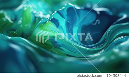 The close up of a glossy liquid surface abstract in cool blue and green colors with a soft focus. Exuberant 3D illustration. 104508444