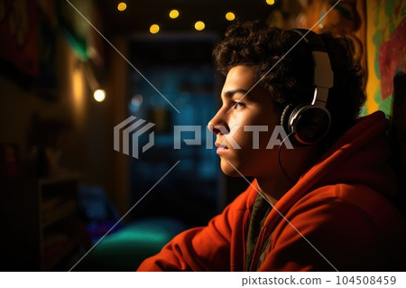 Male Hispanic teenager listening to music headphones bedroom. Generative AI AIG23. Male Hispanic teenager listening to music headphones bedroom. Generative AI AIG23. 104508459