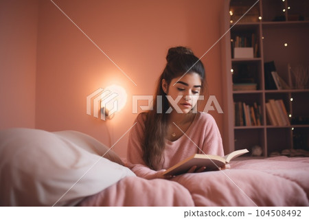 Female Hispanic teenager reading books in bedroom casual relaxing pastel. Generative AI AIG23. Female Hispanic teenager reading books in bedroom casual relaxing pastel. Generative AI AIG23. 104508492
