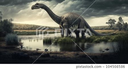Prehistoric creature or dinosaur in the wild nature. Realistic style drawing. 104508586
