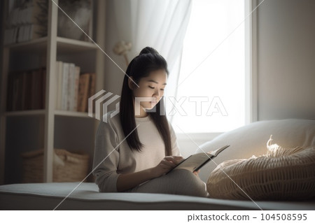 Female Asian teenager reading books in living room casual relaxing. Generative AI AIG23. Female Asian teenager reading books in living room casual relaxing. Generative AI AIG23. 104508595