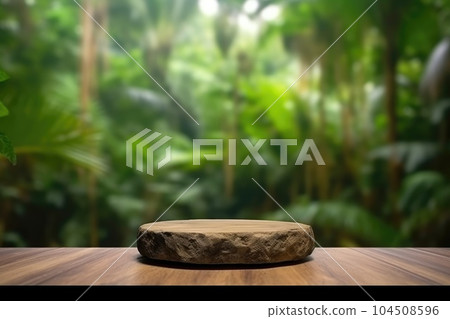 A flat rock empty table for product display with blur background of tropical jungle. Generative AI AIG30. A flat rock empty table for product display with blur background of tropical jungle. Generative AI AIG30. 104508596