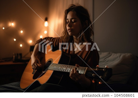 Female Caucasian 20s playing guitar in bedroom activity music. Generative AI AIG23. Female Caucasian 20s playing guitar in bedroom activity music. Generative AI AIG23. 104508601