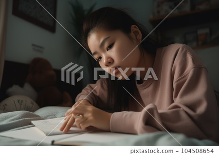 Female Asian teenager doing homework in bedroom studying smart. Generative AI AIG23. Female Asian teenager doing homework in bedroom studying smart. Generative AI AIG23. 104508654
