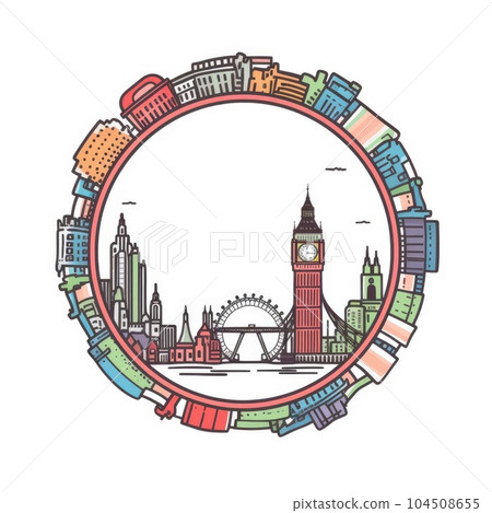 A circle shape frame with center space of London city skyline in simple doodle color cartoon style. Generative AI AIG32 A circle shape frame with center space of London city skyline in simple doodle color cartoon style. Generative AI AIG32 104508655