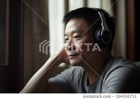 Male Asian middle aged listening to music headphones bedroom. Generative AI AIG23. Male Asian middle aged listening to music headphones bedroom. Generative AI AIG23. 104508711