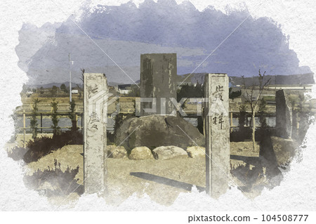 Watercolor-style Sesshu birthplace park painting Saint Sesshu birth monument Soja city, Okayama prefecture 104508777