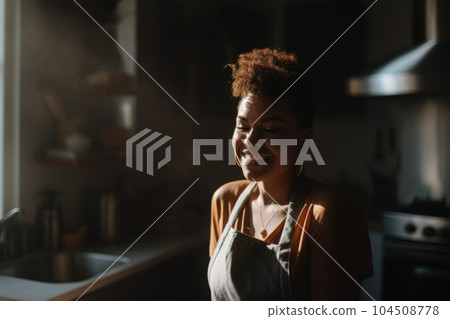 Female African american adult cooking in kitchen apron chef attire. Generative AI AIG23. Female African american adult cooking in kitchen apron chef attire. Generative AI AIG23. 104508778