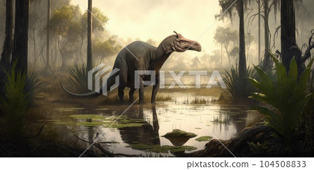 Prehistoric creature or dinosaur in the wild nature. Realistic style drawing. Prehistoric creature or dinosaur in the wild nature. Realistic style drawing. 104508833