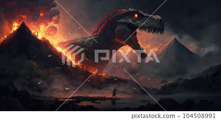 Prehistoric creature or dinosaur in the wild nature. Realistic style drawing. Prehistoric creature or dinosaur in the wild nature. Realistic style drawing. 104508991