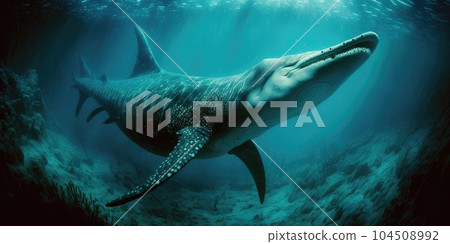 Underwater prehistoric creature or dinosaur swimming underwater. Underwater prehistoric creature or dinosaur swimming underwater. 104508992