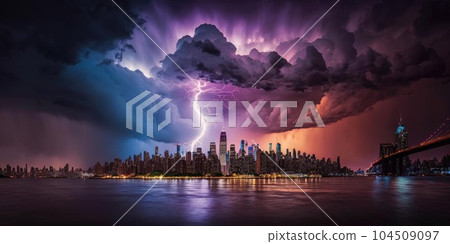 Destructive and powerful thunder storm strike metropolis city with thunderbolt 104509097