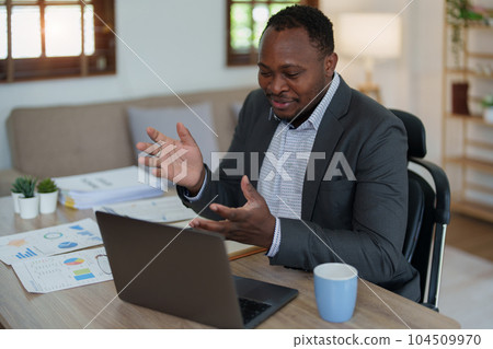 african american man, video call and laptop, wave hello and meeting, consulting or internet planning in startup company. Happy worker greeting for online meeting, computer webinar. 104509970