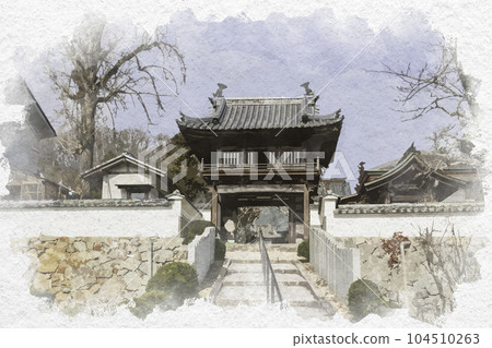 Watercolor-style Nichioji Bell Tower Gate, Okayama City, Okayama Prefecture 104510263
