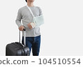 Travel insurance concepts. Young man with hand injured wearing splint, broken arm, holding black baggage, isolated on white background 104510554