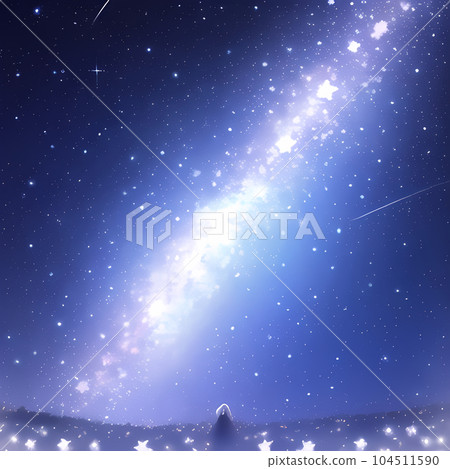 夜空中有許多閃亮的星星，中間有一個小人的風景 104511590