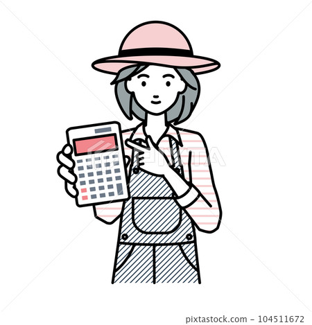 A farmer woman standing and pointing at a calculator and showing it towards us A farmer woman standing and pointing at a calculator and showing it towards us 104511672