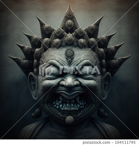 Buddha's face is also three times: Buddha's appearance for the fourth time. Spiral hair like a punch perm stands on end with anger, and a gentle face is distorted with anger. 104511795