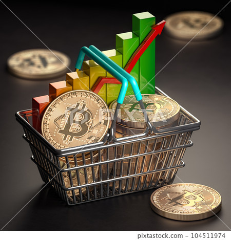 Growth of bitcoin BTC price concept. Shopping basket full of bitcoin coins  with chart. 104511974