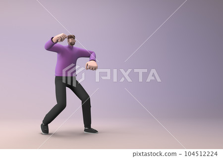 Man in casual clothes making gestures while exercise. 3D rendering of a cartoon character Man in casual clothes making gestures while exercise. 3D rendering of a cartoon character 104512224