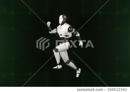 Futuristic world robots are running. Presentation of technology with robots. 3d rendering action of robot. Futuristic world robots are running. Presentation of technology with robots. 3d rendering action of robot. 104512342
