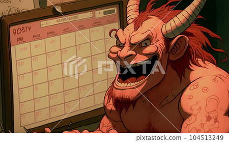 When you think about next year, the demon laughs: The demon looks at the calendar on his PC and laughs. 104513249