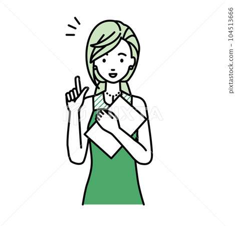 A woman in a dress standing up and holding a document in her hand A woman in a dress standing up and holding a document in her hand 104513666