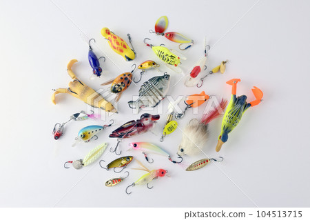 Various fishing lures on a white background Various fishing lures on a white background 104513715