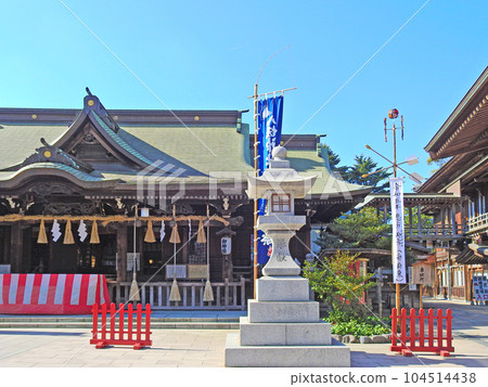 Yasaka Shrine worship hall and lucky direction next to Kokura Castle in Kitakyushu City 104514438